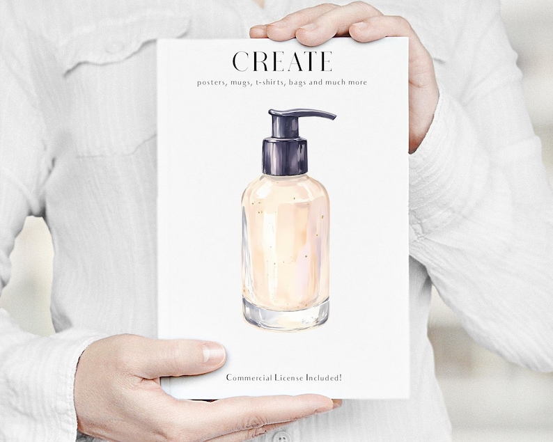 May include: A clear glass bottle with a black pump dispenser, filled with a light-colored liquid. The bottle is featured on a white background with the word "CREATE" and the text "posters, mugs, t-shirts, bags and much more".
