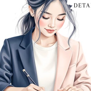 May include: Illustration of a person wearing a two-tone blazer, navy blue on one side and light pink on the other, over a white shirt. The person is writing with a pen. The word "DETAILS" is in the upper right corner.