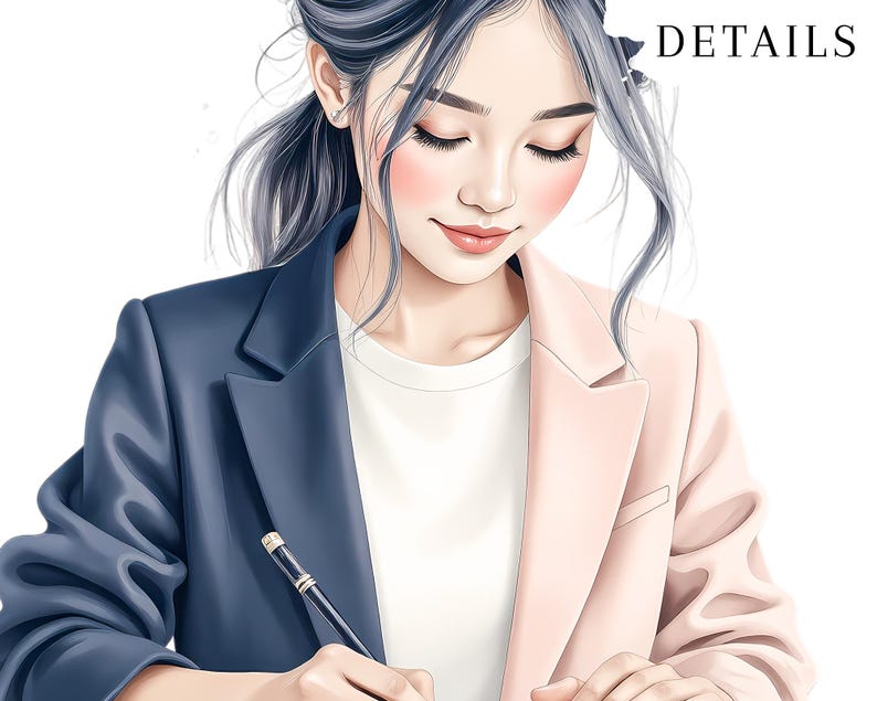 May include: Illustration of a person wearing a two-tone blazer, navy blue on one side and light pink on the other, over a white shirt. The person is writing with a pen. The word "DETAILS" is in the upper right corner.