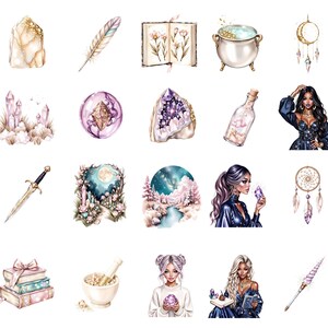 May include: A collection of watercolor illustrations featuring mystical and fantasy elements. Includes crystals, feathers, a cauldron, a dreamcatcher, a sword, a book, and portraits of women. The color palette is soft with pastel hues.