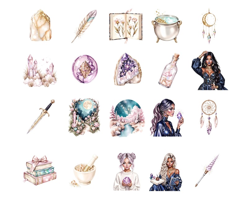 May include: A collection of watercolor illustrations featuring mystical and fantasy elements. Includes crystals, feathers, a cauldron, a dreamcatcher, a sword, a book, and portraits of women. The color palette is soft with pastel hues.