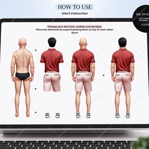 Pu&ograve; includere: Un'illustrazione digitale che mostra come creare un avatar personalizzato sovrapponendo diversi elementi. L'immagine mostra un uomo con una polo rossa e pantaloncini kaki. Le istruzioni dicono di scegliere un tono della pelle, vestiti e acconciatura, quindi sovrapporre gli elementi uno sopra l'altro. Le istruzioni dicono anche di utilizzare un editor che supporti il lavoro con i livelli.