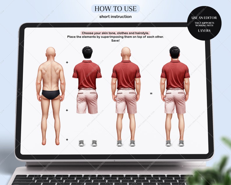 Pu&ograve; includere: Un'illustrazione digitale che mostra come creare un avatar personalizzato sovrapponendo diversi elementi. L'immagine mostra un uomo con una polo rossa e pantaloncini kaki. Le istruzioni dicono di scegliere un tono della pelle, vestiti e acconciatura, quindi sovrapporre gli elementi uno sopra l'altro. Le istruzioni dicono anche di utilizzare un editor che supporti il lavoro con i livelli.