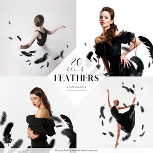 Può includere: 20 sovrapposizioni di piume nere per il fotoritocco. Le piume sono sparse intorno a tre diverse immagini di donne che indossano abiti neri. Il testo "20 black FEATHERS - photo overlays - 20 .png files for normal blending mode" è in basso nell'immagine.