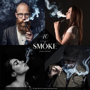 Puede incluir: Imagen promocional con cuatro retratos de personas exhalando humo. La imagen incluye el texto "40 vape smoke photo overlays" y "40 jpg files for screen blending mode". Los retratos son en blanco y negro y en color.