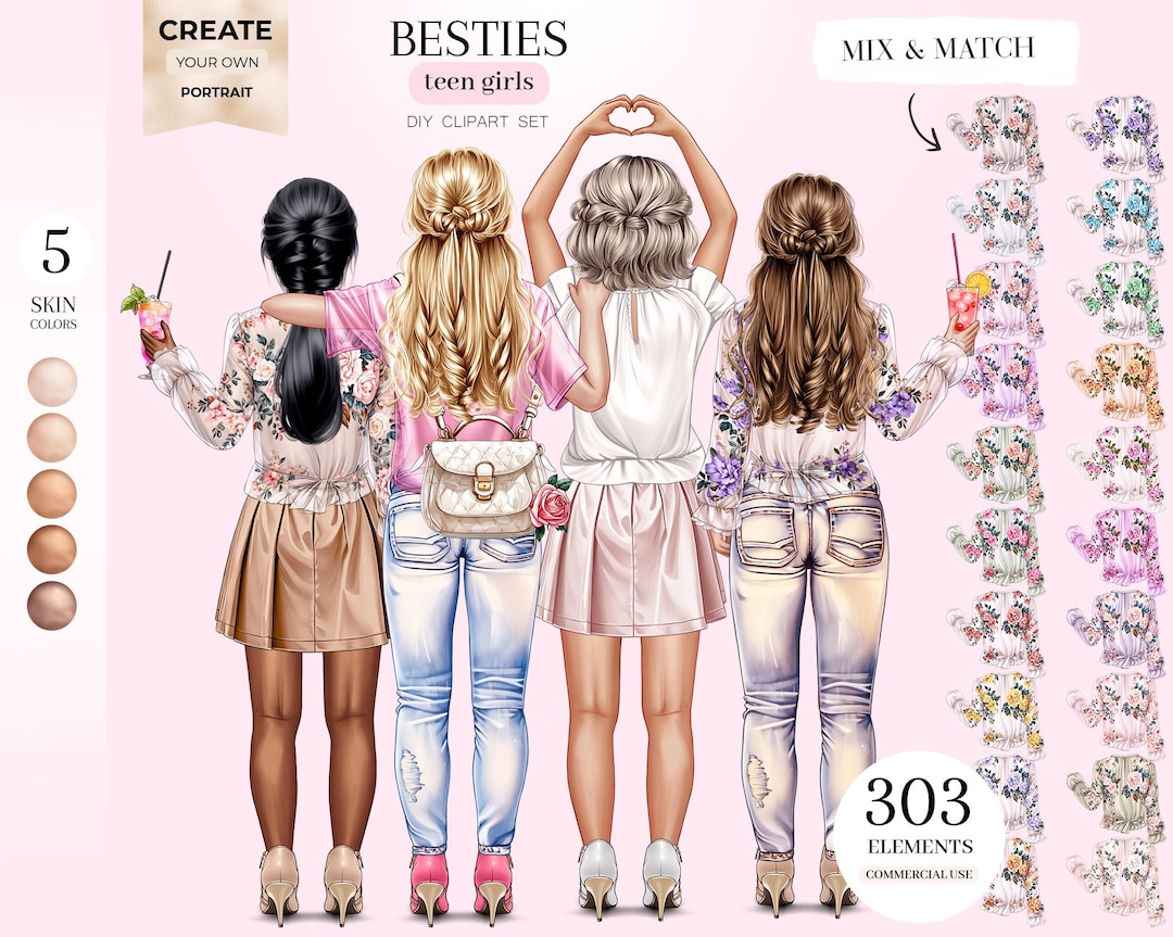 Teen Besties Clipart: Girls Portrait Creator, Soul Sisters PNG