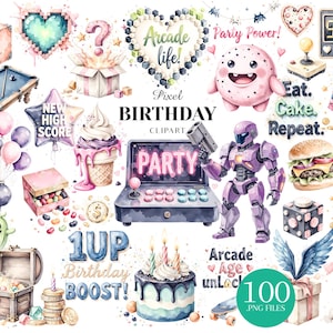 May include: Watercolor illustrations of birthday-themed elements. Includes a cake, balloons, a robot, a game console, and text that says "Pixel Birthday Clipart", "Party", "Arcade Age Unlock", and "1UP Birthday Boost!"