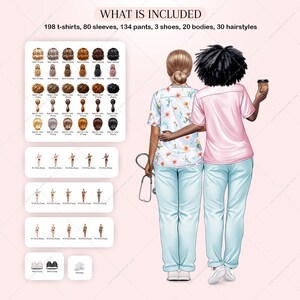 Puede incluir: Ilustraci&oacute;n de dos mujeres con batas de hospital, una con estampado floral y la otra en rosa liso. Las mujeres est&aacute;n de espaldas, con los brazos alrededor de la otra. La imagen incluye una lista de elementos incluidos en la descarga digital: 198 camisetas, 80 mangas, 134 pantalones, 3 zapatos, 20 cuerpos y 30 peinados.