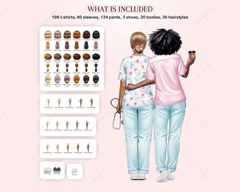 Puede incluir: Ilustraci&oacute;n de dos mujeres con batas de hospital, una con estampado floral y la otra en rosa liso. Las mujeres est&aacute;n de espaldas, con los brazos alrededor de la otra. La imagen incluye una lista de elementos incluidos en la descarga digital: 198 camisetas, 80 mangas, 134 pantalones, 3 zapatos, 20 cuerpos y 30 peinados.