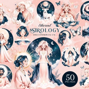Pode incluir: Uma coleção de 50 arquivos PNG com ilustrações de astrologia etérea. As imagens incluem figuras celestiais, luas, estrelas e borboletas em uma paleta de cores suaves de rosa, azul e dourado. O texto diz "Ethereal Astrology" e "Free Commercial Use."