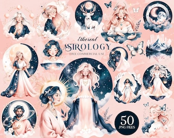 May include: A collection of 50 PNG files featuring ethereal astrology-themed illustrations. The images include celestial figures, moons, stars, and butterflies in a soft color palette of pink, blue, and gold. Text reads "Ethereal Astrology" and "Free Commercial Use."