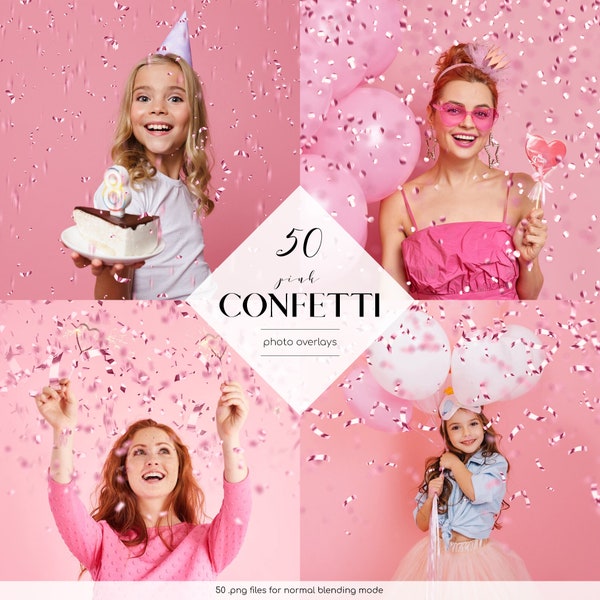 Roze confetti-overlays, 50 PNG-bestanden, confetti Photoshop-overlays, feestelijke effecten, gratis commercieel gebruik