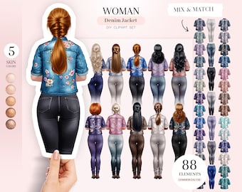 Denim Jacket Woman Clipart: Custom Portrait Creator (PNG Digital Download)