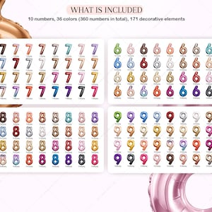 Pu&ograve; includere: Un set di 360 numeri di palloncini dorati, argentati e colorati, inclusi i numeri 6, 7, 8 e 9. I numeri sono disposti in righe e colonne, con ogni numero visualizzato in una variet&agrave; di colori. Il testo "WHAT IS INCLUDED" &egrave; in cima all'immagine, seguito da "10 numbers, 36 colors (360 numbers in total), 171 decorative elements".