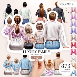 Clipart di famiglia di lusso, Clipart di famiglia elegante, Ritratto di famiglia seduta, Clip art fai da te di famiglia, Ritratto di schiena, Idee regalo personalizzate