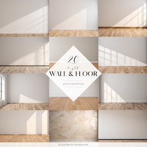 May include: A set of 20 light wall and floor photo backdrops. The backdrops feature a variety of textures and colors, including white walls, wood floors, and a textured wall. The backdrops are perfect for photographers and designers who need a variety of backgrounds for their work.