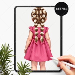 May include: Illustration of a young girl from the back, wearing a pink dress with a bow and two long braids. The image is displayed on a tablet, with the word "DETAILS" in a black circle in the upper right corner.