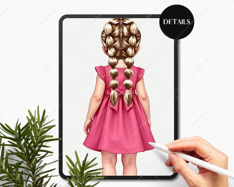 May include: Illustration of a young girl from the back, wearing a pink dress with a bow and two long braids. The image is displayed on a tablet, with the word "DETAILS" in a black circle in the upper right corner.