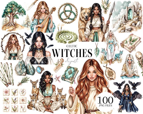 Celtic Witches Clipart Set, Pagan Witch PNG, Nature Magic & Boho Spiritual Illustrations