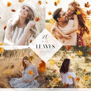 May include: A set of 20 fall leaves photo overlays. The overlays are in PNG format and are designed for normal blending mode. The image shows four different photos with the leaves overlayed on top. The leaves are in various shades of red, orange, and yellow.