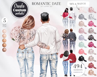 May include: A digital clipart set for creating custom romantic date portraits. The set includes 494 elements, including 5 skin tones, various clothing options, and a mix and match design.