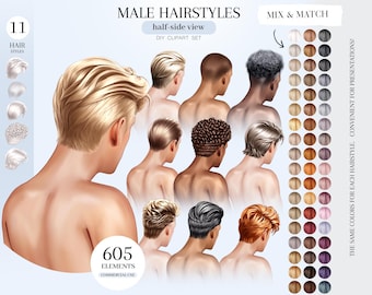 Male Hairstyles Clipart: Half-Side View, 605 PNG Files (Digital Download)