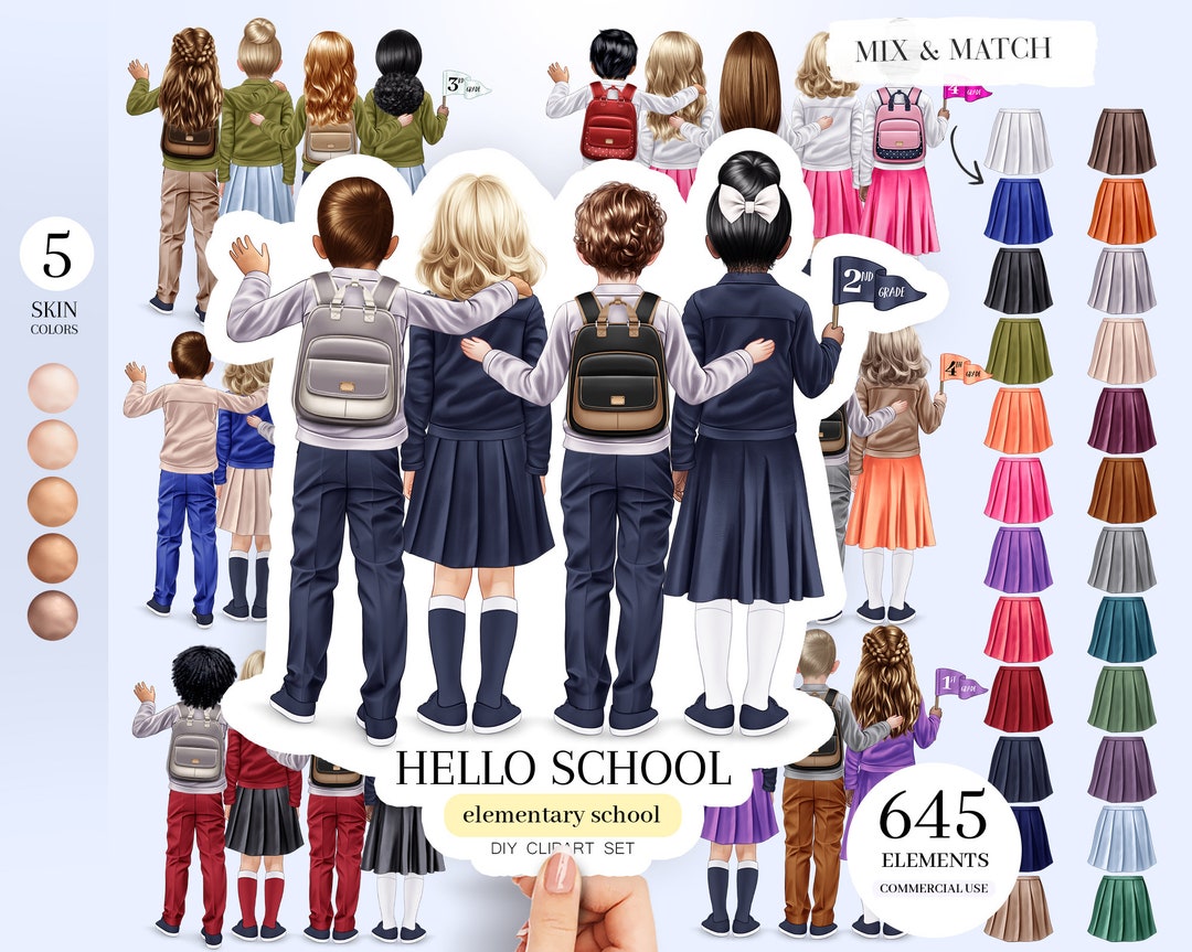 Elementary School Kids Clipart Set, 645 Elements, 5 Skin Colors, Custom ...