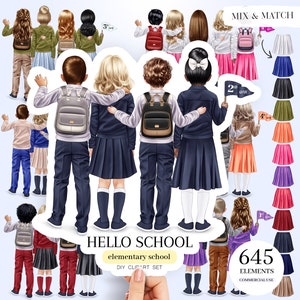Pode incluir: Um conjunto de clipart digital com ilustrações de crianças em uniforme escolar. As crianças estão segurando mochilas, bandeiras e outros itens relacionados à escola. O clipart é projetado para ser usado na criação de projetos digitais, como convites, cartões e gráficos para mídias sociais. O conjunto inclui 645 elementos, incluindo 5 tons de pele, e é para uso comercial.