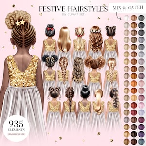 Festive Kids Hairstyles Clipart, Girly Hairstyles Clipart, Girls Hair Illustrations, Children Hair PNG Graphics