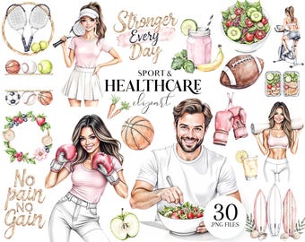Watercolor Healthcare Clipart Set, Fitness PNG, Healthy Lifestyle Illustrations