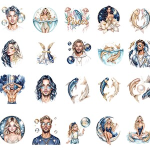 Pisces Zodiac Clipart Bundle, Celestial Water Sign Art, Mermaid & Fish PNG Set image 2