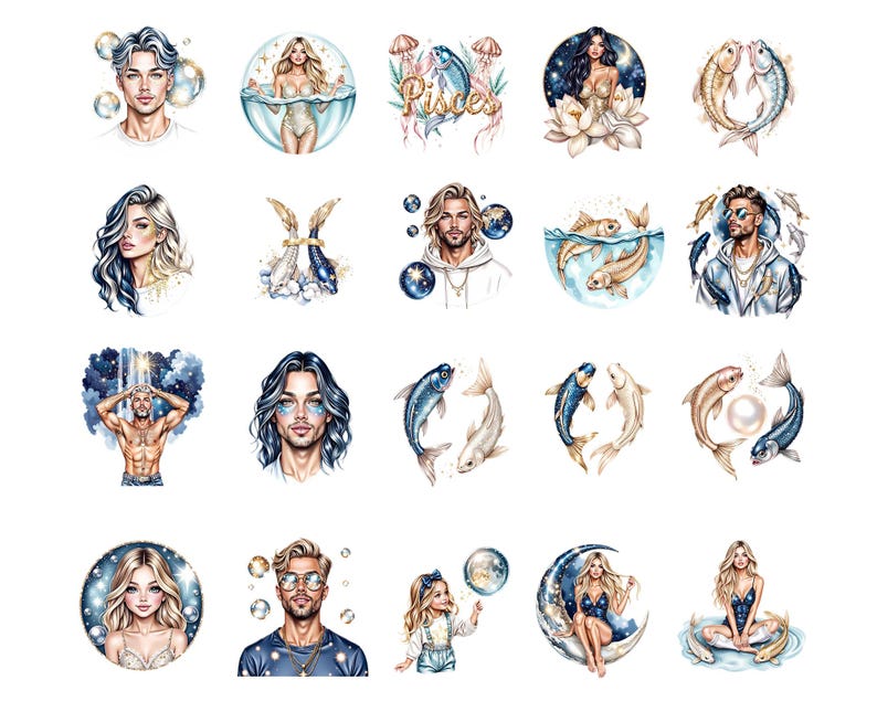 Pisces Zodiac Clipart Bundle, Celestial Water Sign Art, Mermaid & Fish PNG Set image 2
