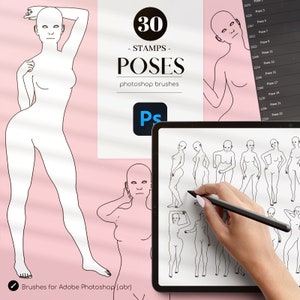 30 Poses Stamps Photoshop Brushes, Female Body Sketches .ABR, Woman Line Art Brushes Addon, Hand-Draw Brushes, Commercial Use