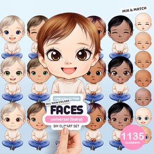 Lot de cliparts visages de bébé Chibi, 5 en 1, visages d'anime, visage de bébé PNG, 5 couleurs de peau, tête personnalisée, clipart personnalisable
