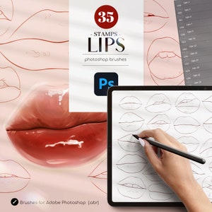 35 Lips Stamps Photoshop Brushes, Line Art Sketches .ABR, Lips Brushes Addon, Hand-Draw Brushes for Photoshop, Commercial Use