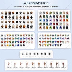 Pu&ograve; includere: Un'illustrazione digitale di 10 corpi diversi, 36 acconciature, 4 scarpe da ginnastica, 45 pantaloncini e 90 t-shirt. Gli articoli sono visualizzati in righe e colonne, con ogni articolo mostrato in un colore diverso.