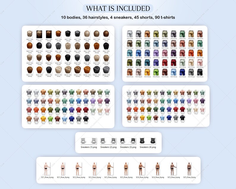 Pu&ograve; includere: Un'illustrazione digitale di 10 corpi diversi, 36 acconciature, 4 scarpe da ginnastica, 45 pantaloncini e 90 t-shirt. Gli articoli sono visualizzati in righe e colonne, con ogni articolo mostrato in un colore diverso.