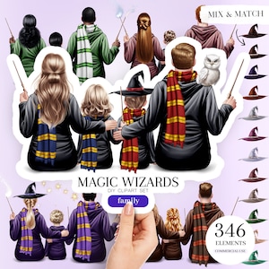 Könnte beinhalten: Ein digitaler Clipart-Satz einer Zaubererfamilie mit verschiedenen farbigen Roben und Hüten. Das Set enthält 346 Elemente und ist für kommerzielle Nutzung bestimmt. Der Text "Magic Wizards" und "Family" ist im Bild enthalten.