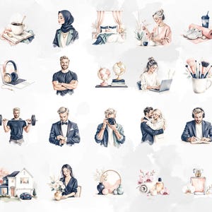 May include: Watercolour illustrations depicting diverse lifestyle scenes. The image includes depictions of a person with coffee, a person wearing a hijab, a bedroom, a person with plants, a yoga mat, headphones, a laptop, and other scenes.