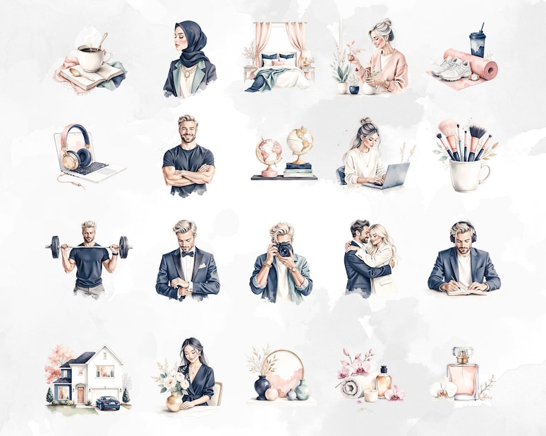 May include: Watercolour illustrations depicting diverse lifestyle scenes. The image includes depictions of a person with coffee, a person wearing a hijab, a bedroom, a person with plants, a yoga mat, headphones, a laptop, and other scenes.