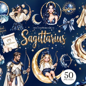 May include: Digital art collection featuring Sagittarius-themed illustrations. The images include celestial figures, bows and arrows, and the word "Sagittarius" in gold lettering. The color palette is primarily navy blue and gold.