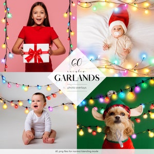 May include: 60 rainbow string lights photo overlays. The image shows four different photos with the string lights in front of a child, a baby, a dog, and a baby. The lights are multi-coloured and have a warm glow.
