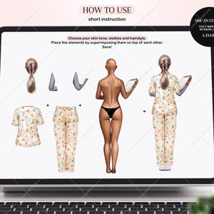 Puede incluir: Una ilustraci&oacute;n digital que muestra c&oacute;mo crear un avatar personalizado. La imagen muestra a una mujer con diferentes opciones de ropa, un peinado y un tono de piel. El texto en la pantalla dice "Elige tu tono de piel, ropa y peinado. Coloca los elementos superponi&eacute;ndolos uno encima del otro. &iexcl;Guardar!" y "Usa un editor que admita trabajar con capas."