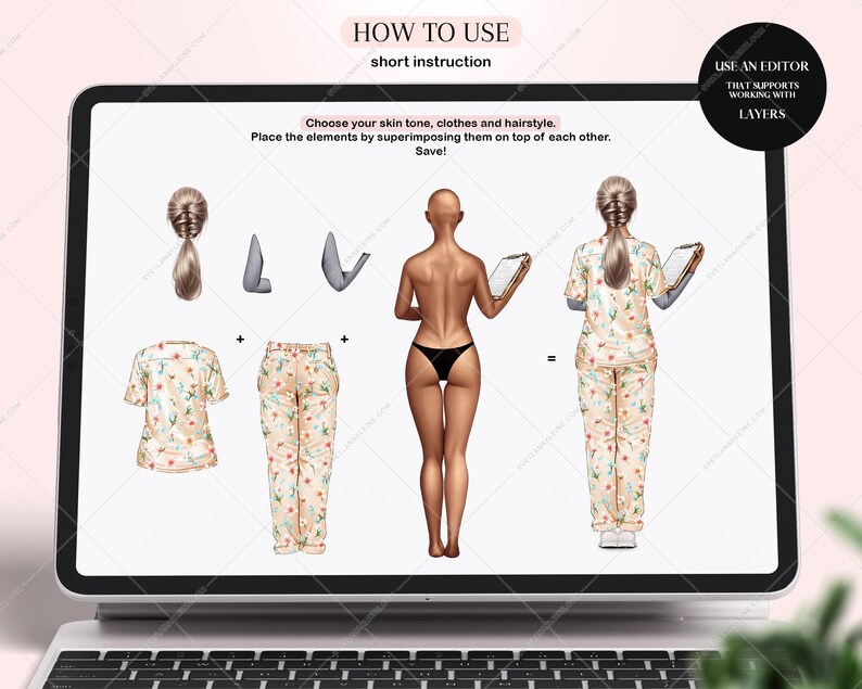 Puede incluir: Una ilustraci&oacute;n digital que muestra c&oacute;mo crear un avatar personalizado. La imagen muestra a una mujer con diferentes opciones de ropa, un peinado y un tono de piel. El texto en la pantalla dice "Elige tu tono de piel, ropa y peinado. Coloca los elementos superponi&eacute;ndolos uno encima del otro. &iexcl;Guardar!" y "Usa un editor que admita trabajar con capas."