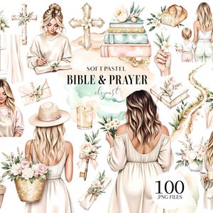 May include: A digital art collection with soft pastel illustrations themed around the Bible and prayer. The images include women, crosses, flowers, books, candles, and other related elements. The text "SOFT PASTEL BIBLE & PRAYER" is also visible.