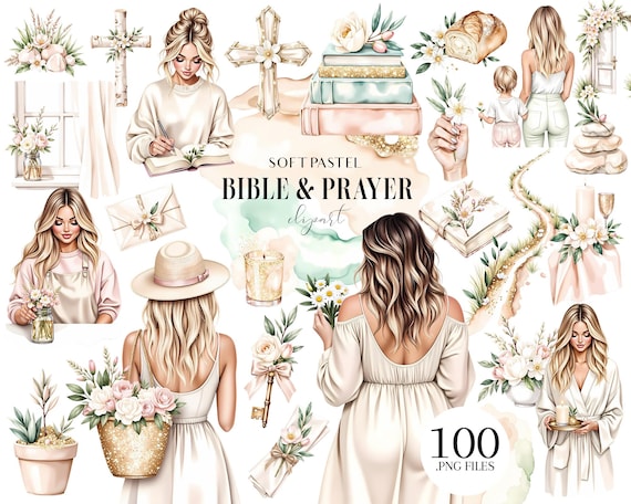 Bible and Prayer Clipart Set, Christian Woman PNG, Pastel Faith Illustrations for Journaling & Church