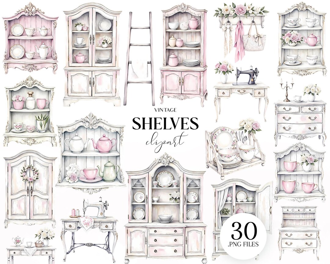 Vintage Shelves Clipart – Shabby Chic Furniture PNG Set | Watercolor ...