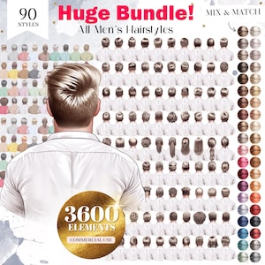 Men's Hairstyles Clipart Bundle, 3600 PNG elements, 90 Styles, All Hair Illustrations, Men Hair PNG Graphics, Huge Bundle