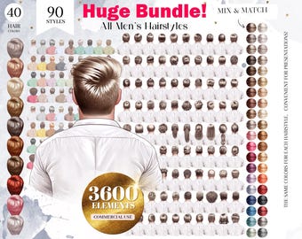 Men's Hairstyles Clipart Bundle, 3600 PNG elements, 90 Styles, All Hair Illustrations, Men Hair PNG Graphics, Huge Bundle