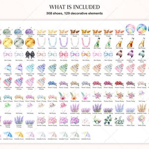 May include: A digital illustration of 308 shoes and 129 decorative elements. The elements include a ball of yarn, a bow, a children's hat, a flower, a lavender plant, a hat, a rattle, and an umbrella. The illustration is in a watercolor style.